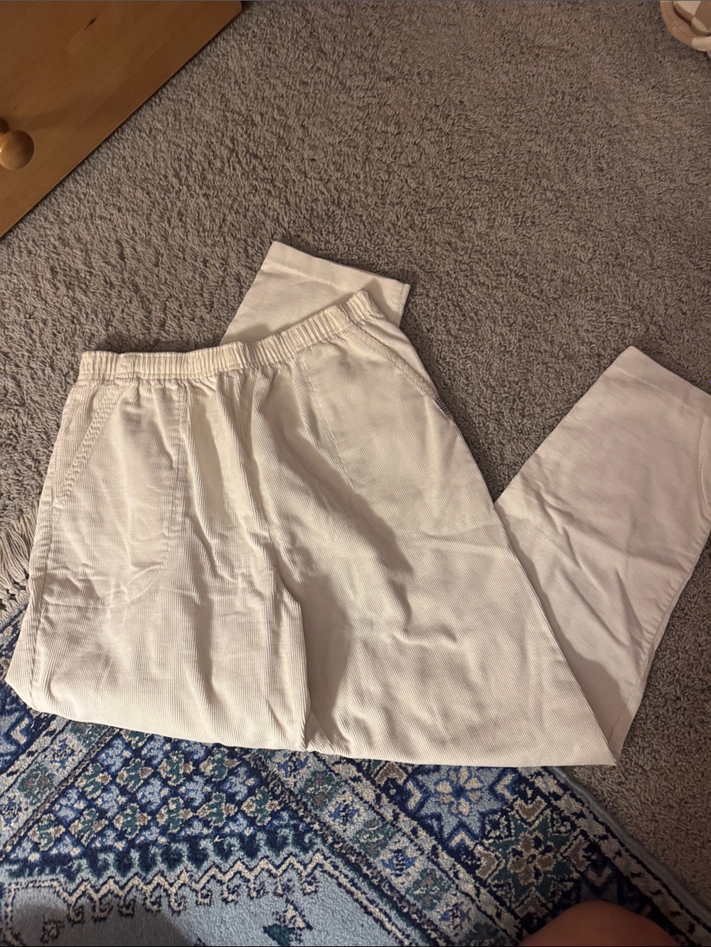 Womens Elastic-Waist Corduroy Cream Pants
